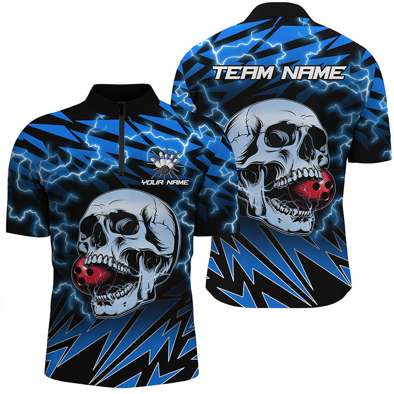 Men bowling Quarter Zip shirt Custom blue lightning thunder Skull Bowling Team Jersey, gift for Bowler NQS7420