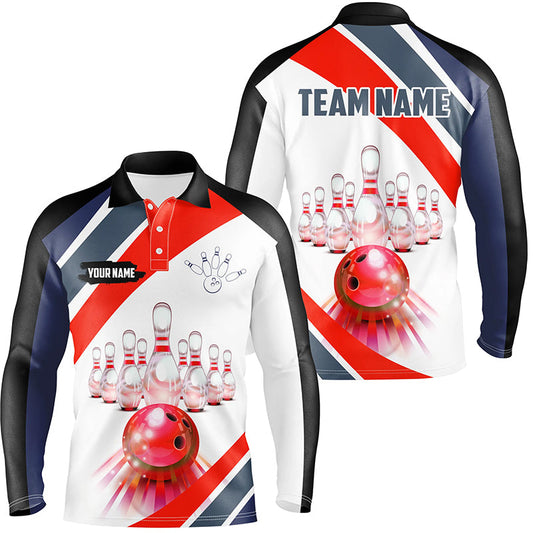 Red Light Bowling Polo, Quarter Zip Shirt for men Custom Bowling ball and pins Team League Jerseys NQS7587
