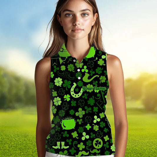 Green shamrock St Patrick Day pattern Lucky sleeveless polo golf shirts Custom St Patrick golf attire NQS9649