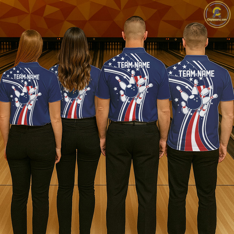 Retro bowling Polo, 1/4 Zip shirt for Women Custom American flag patriotic team bowling jersey | Navy NQS11430