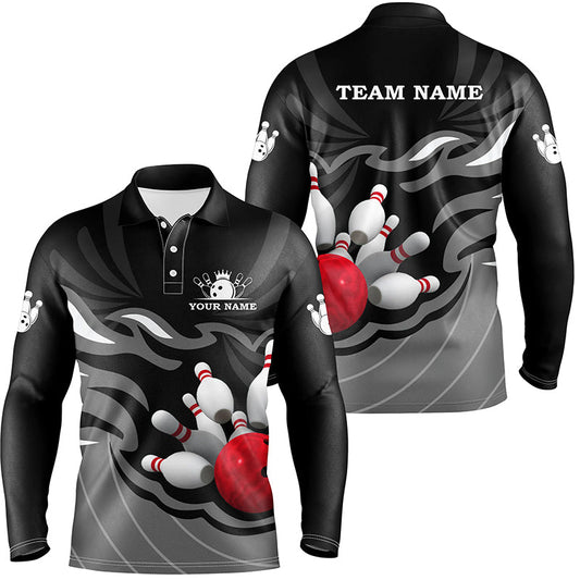 Mens polo, quarter zip bowling shirt Custom bowling ball pins team league jersey, bowling gift | Black NQS7809
