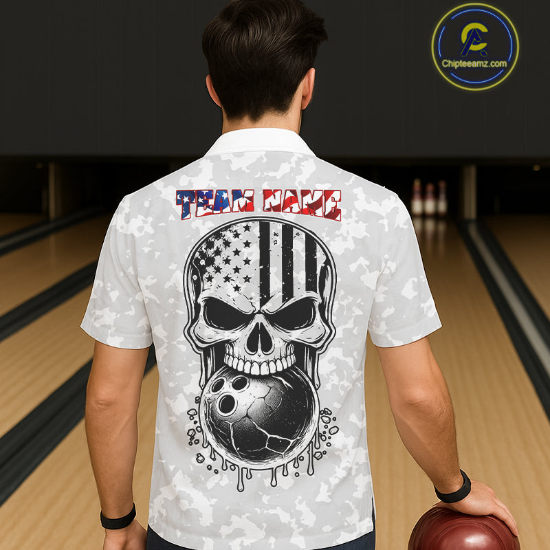 Personalized American Flag Skull Eagle Camo Bowling Team Hawaiian Shirts, Patriotic Bowling Outfits NQS11648