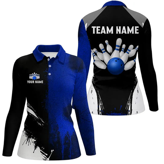 Black and Blue Bowling Polo, Quarter Zip Shirt For Women Custom Bowling Team jersey, gift for bowler NQS8260