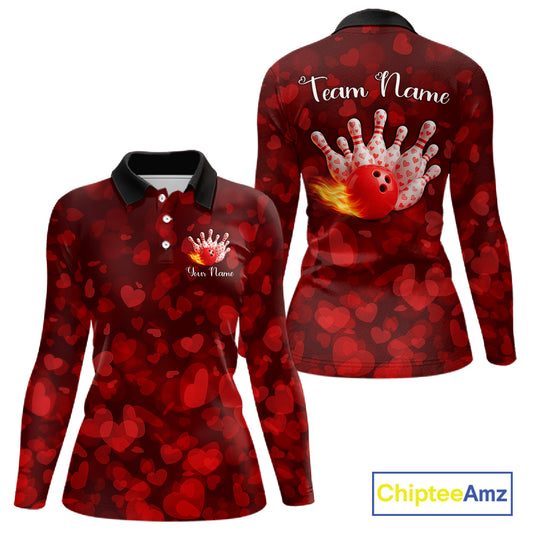 Red Hearts pattern Valentine Bowling Polo, 1/4 zip Shirts For Women Custom Bowling Couple Outfits NQS11251