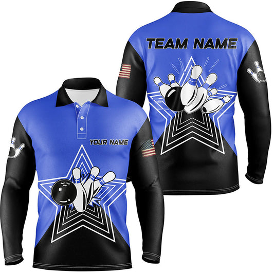 Blue and Black retro bowling ball pins star custom Men's bowling Polo, Quarter Zip shirts team jerseys NQS7830