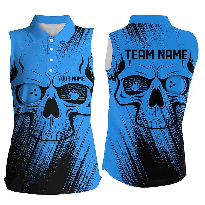 Blue Grunge Skull Bowling Sleeveless Polo Shirt For Women Custom Bowling Team League Jerseys NQS8478