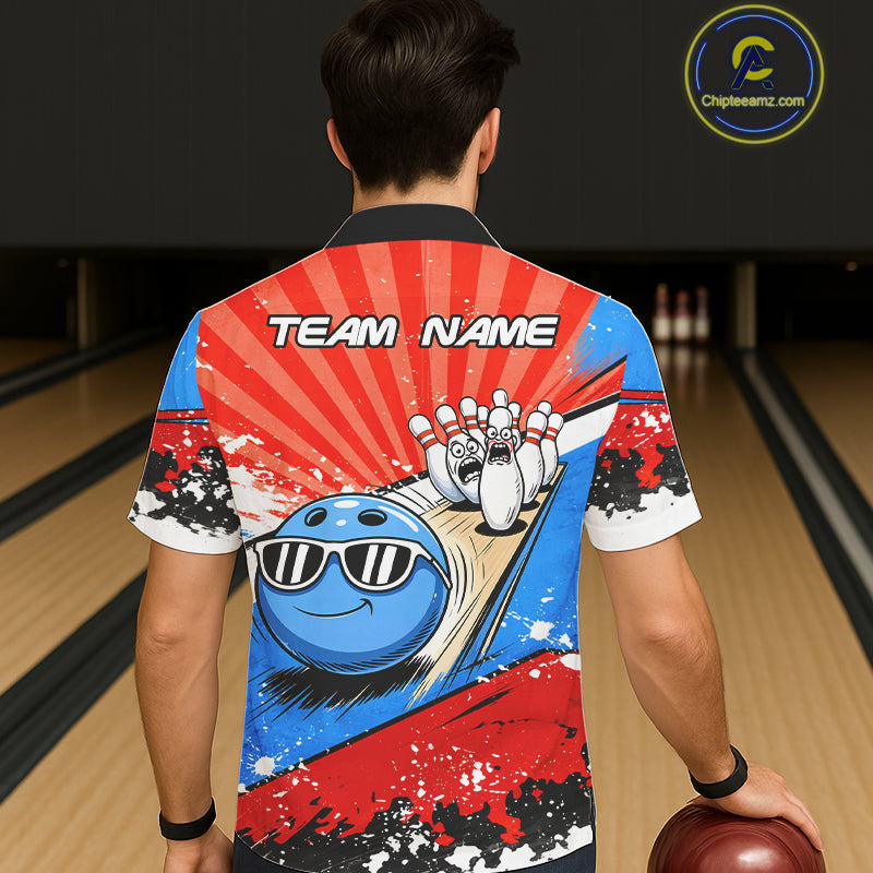 Funny Bowling Boom Strike Bowling Hawaiian Shirt Custom Red, White & Blue retro Team Bowling Jerseys NQS11661