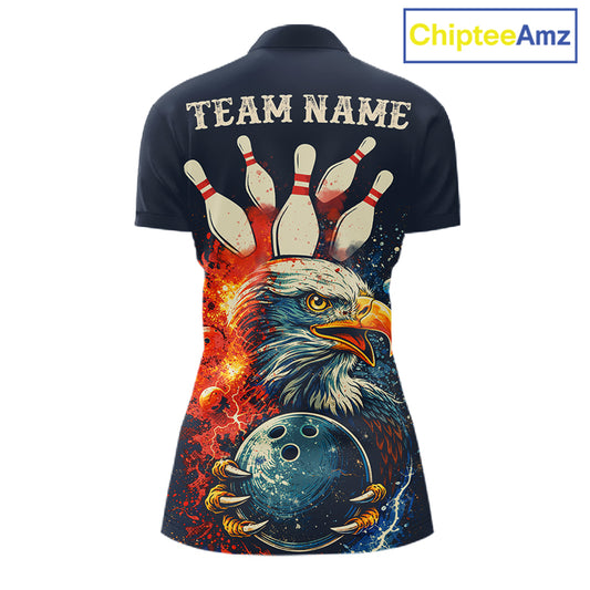 Custom Red, white and blue Eagle Retro Bowling Polo, 1/4 zip Shirts For Women, Bowling Team jerseys NQS11666
