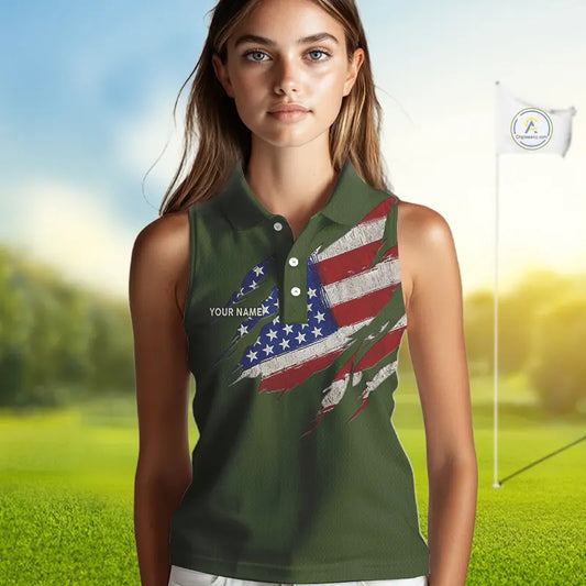 American Flag Green camo Women Sleeveless polo shirt Custom patriotic golf attire for ladies NQS11289