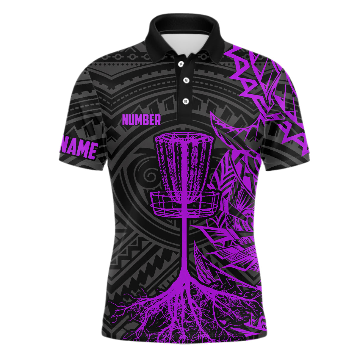 Purple tribal Mens disc golf polo shirt custom black disc golf basket jersey team mens disc golf shirt NQS7985