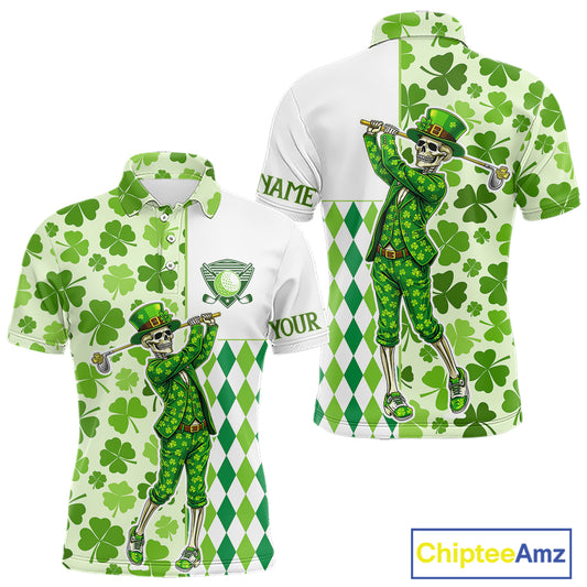 Green Shamrock argyle pattern St Patrick's day Skull Golf Polo Shirts For Men Custom golf outfit men NQS 11507
