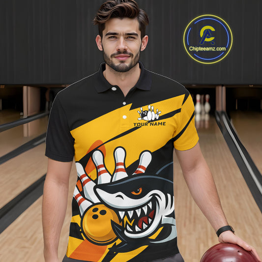 Black and yellow shark Bowling polo, quarter zip shirt for men custom Shark Bowling team league shirt NQS10393