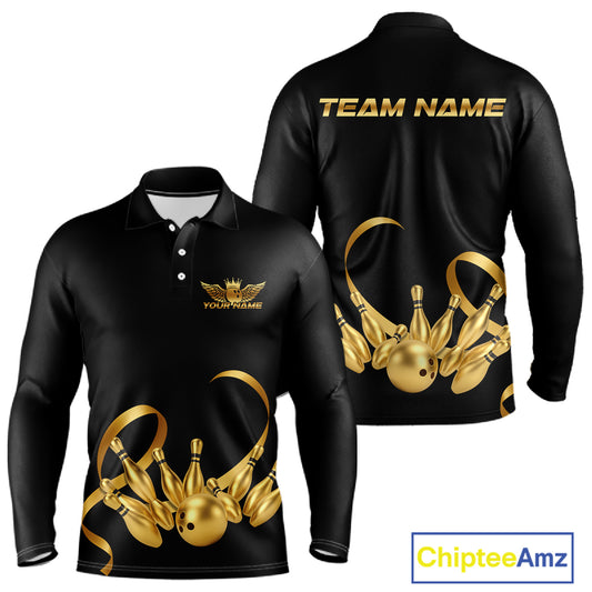 Black and Gold Ribbon Bowling Polo, 1/4 Zip Shirts For Men Custom Breast Cancer Bowling Team Shirt NQS10465