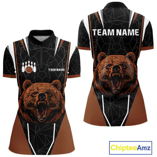 Personalized Bear Bowling Polo, Quarter Zip Shirts For Women, Bear Bowling Team Brown League Jersey NQS10344
