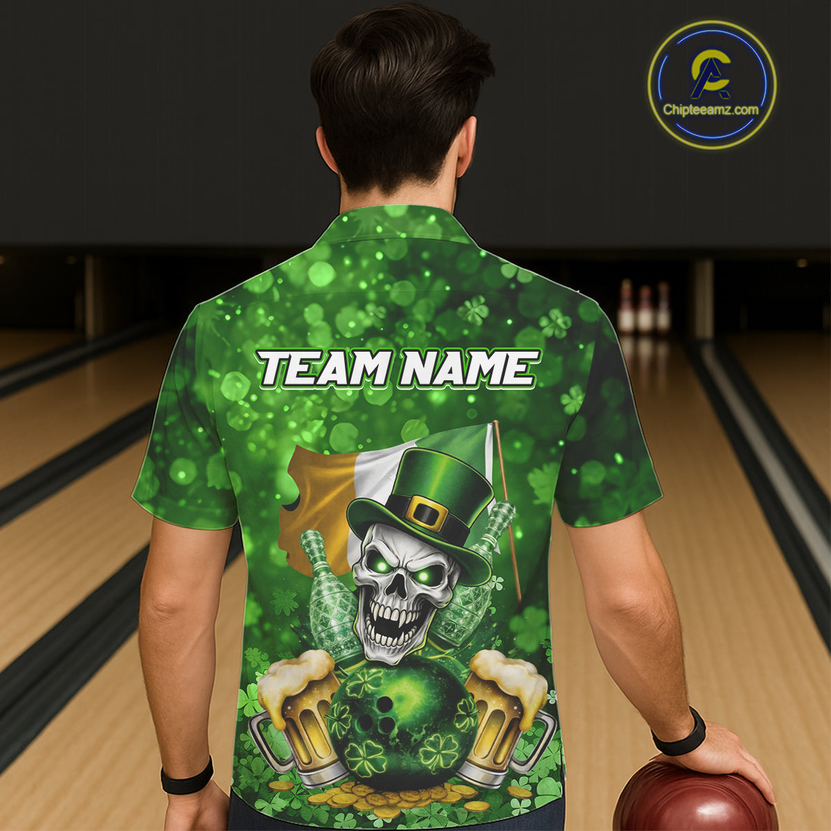 Custom Funny Skull Bowling and Beer Ireland Flag Green St Patrick Team Bowling Hawaiian shirts NQS11484