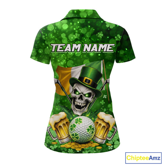 Custom Funny Skull Golf and Beer Ireland Flag Green St Patrick Team Golf Polo shirts for Women NQS11485