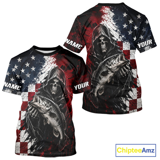 Grim Reaper Largemouth Bass Jersey – American Flag Patriotic Fisherman Fishing T-Shirt