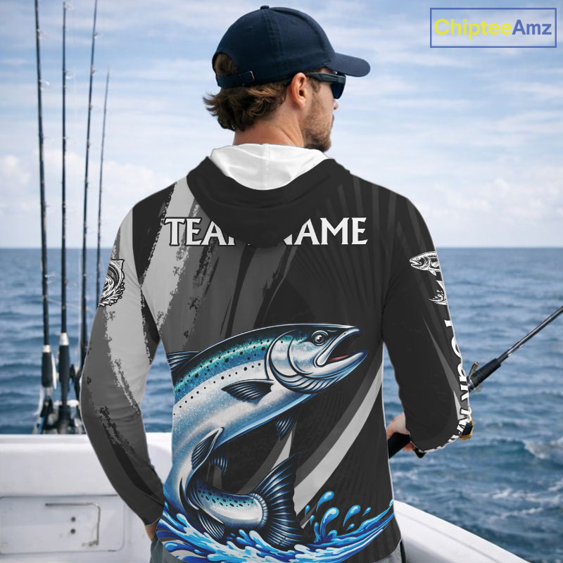 Personalized Black Camo Chinook Salmon Fishing Jerseys, Salmon Long Sleeve Hooded Fishing Shirts NHT463