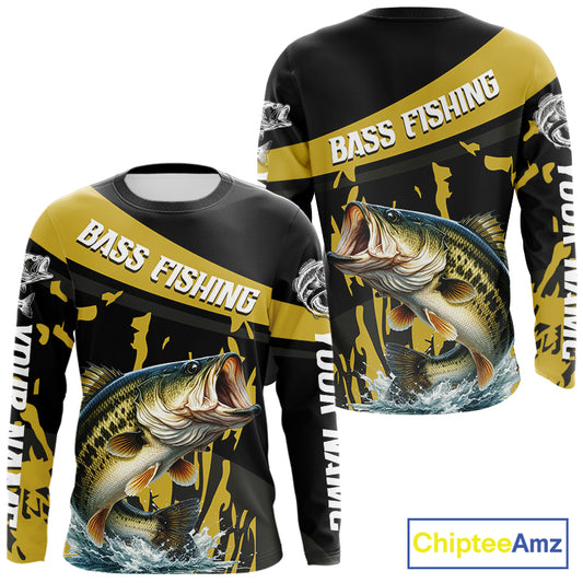 Custom Largemouth Bass Fishing Jerseys, Largemouth Bass Fishing Shirts Long Sleeve For Men|Yellow NHT728