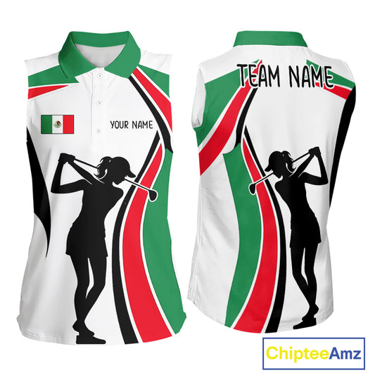 Mexican Flag White Golf Pattern Sleeveless Womens Polo Shirt Patriotic Womens Golf Shirt Mexico Golf Gifts NHT737