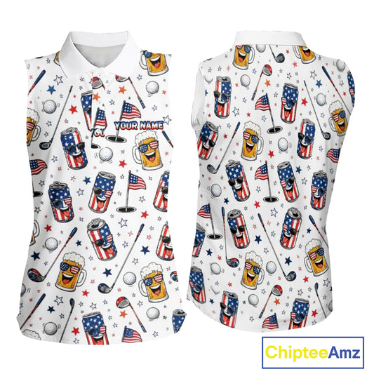 Custom Patriotic Womens Sleeveless Golf Polo Shirt With Beer Print – Personalized USA Golf Team Polo