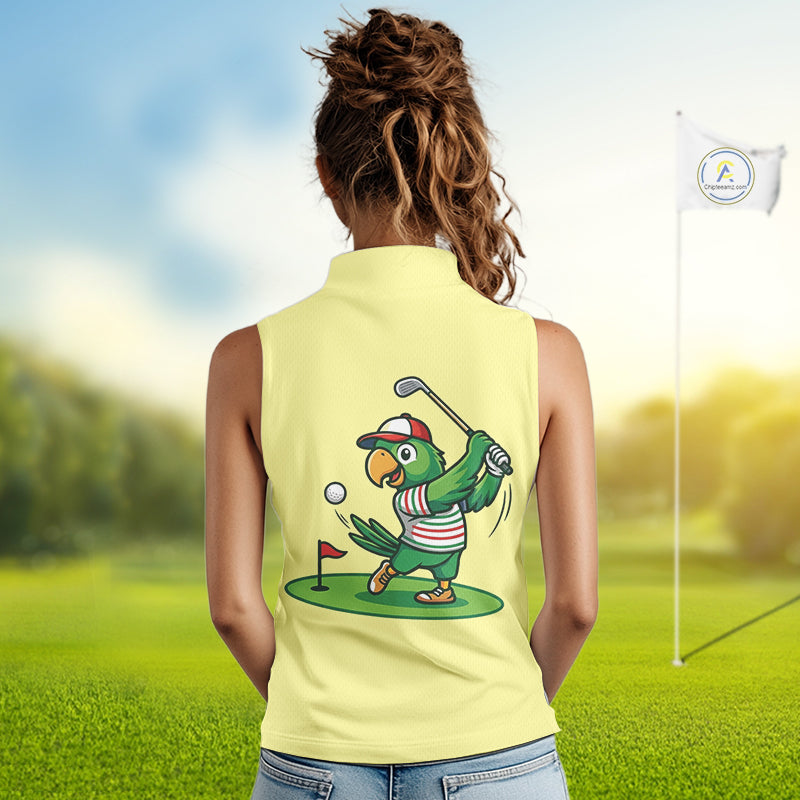 Personalized Womens Sleeveless Golf Polo Shirt Custom Name Funny Green Parrot Design|Yellow