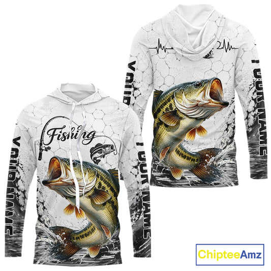 Custom Name Bass Fishing Long Sleeve Hooded Performance Shirt, Bass Gift For Men