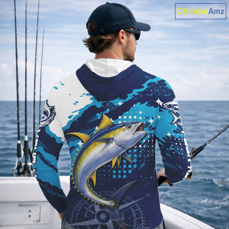 Custom Yellowfin Tuna Hooded Long Sleeve Fishing Shirts For Men, Design Tuna Fishing Jerseys NHT634