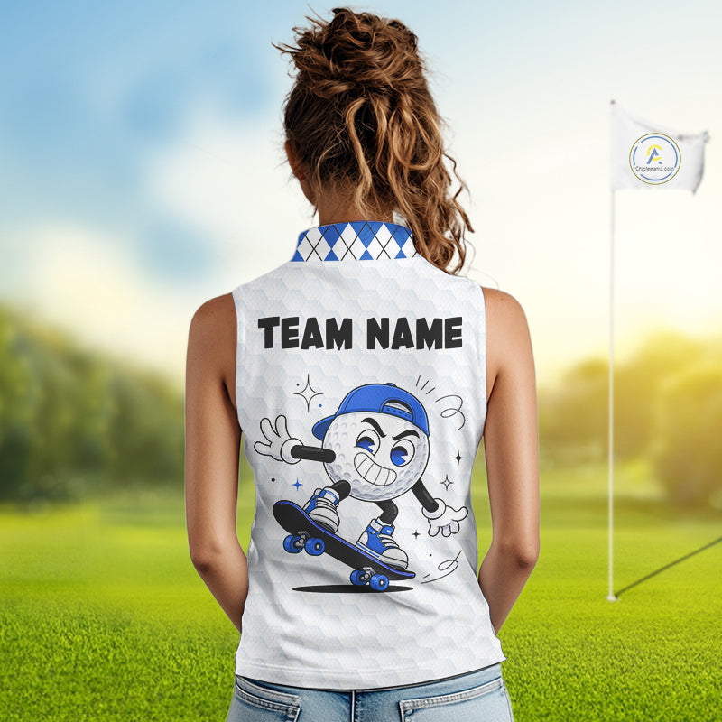 Sleeveless Women Golf Polo Shirt Argyle Pattern Golf Shirts For Womens Funny Golf Ball Shirt Gifts|Blue NHT862