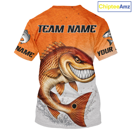 An orange short-sleeve t-shirt with a large graphic of a smiling bass fish on the front, customizable text placeholders 'TEAM NAME' and 'YOUR NAME' on the chest and sleeves, and a 'ChipteeAmz' logo in the top right corner.