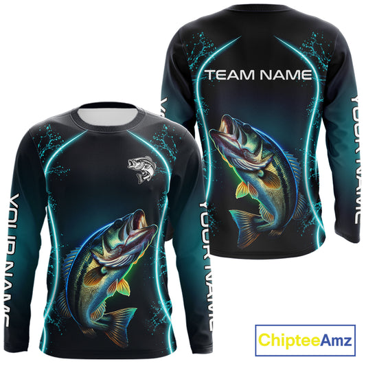 Personalized Neon Bass Fishing Shirt, Largemouth Bass Long Sleeve Performance Apparel