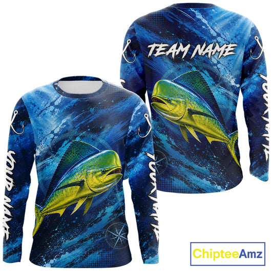 Back view of custom mahi mahi fishing shirt made from breathable polyester with UPF 30+ sun protection.