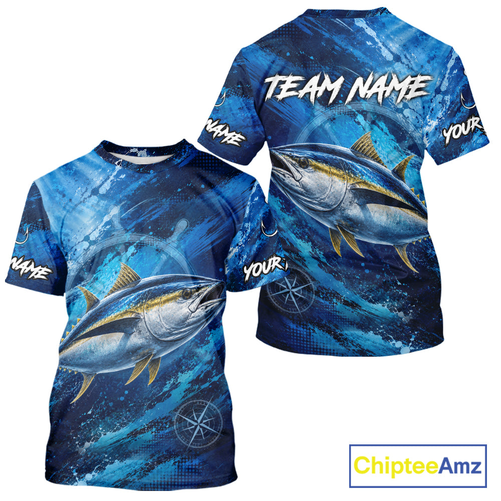 Back view of custom tuna fishing shirt made from breathable polyester with UPF 30+ sun protection.