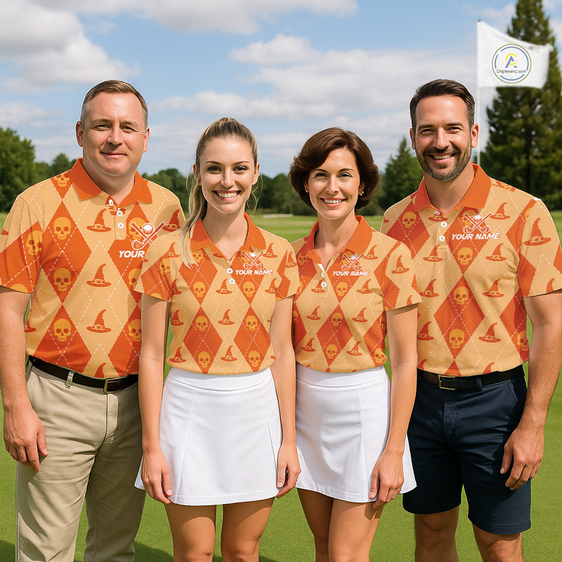 Custom Name Halloween Orange Witch Hat Men Golf Shirt, Personalized Argyle Skull Polo NHT1304