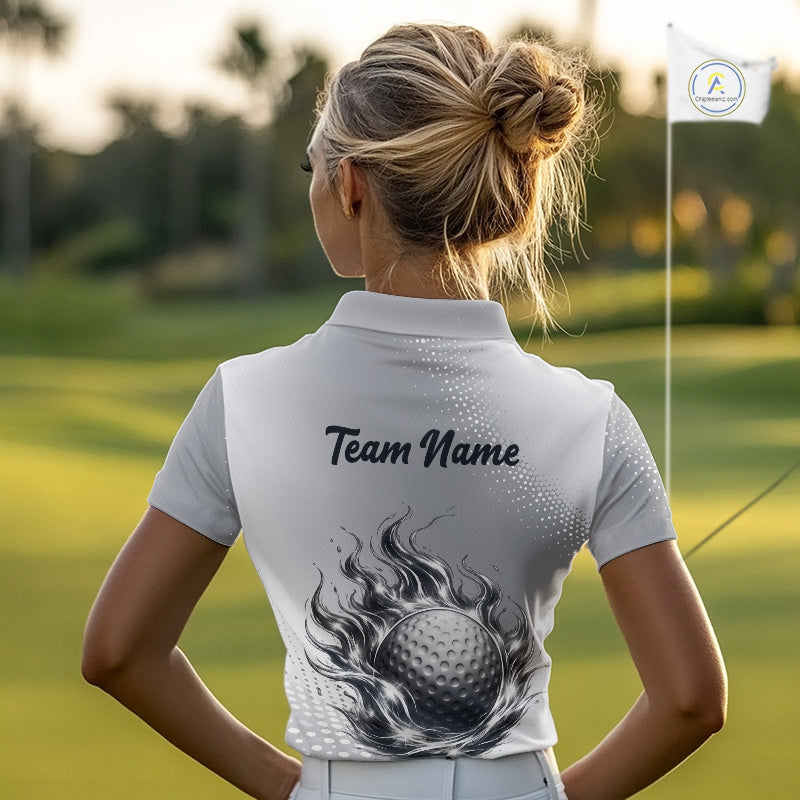 Personalized Flaming Golf Ball Womens Polo Shirt Gray Fire Design Custom Name Golf Shirts For Team NHT619