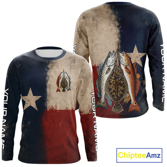 Texas Slam Speckled Trout Flounder Redfish Fishing Shirt, Texas Flag UV Performance Fishing Apparel
