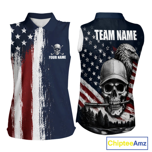 Personalized Skull Eagle Womens Sleeveless Golf Polo Shirt American Flag Patriotic Golf Shirt Custom Name