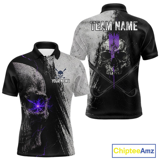 Personalized Skull Mens Golf Polo Shirt Purple Lightning Custom Team Name Golf Shirt