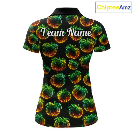 Funny Neon Colorful Peach In Dark Golf Women's Polo Shirt, Funny Fruit Pattern Polo Top NHT578