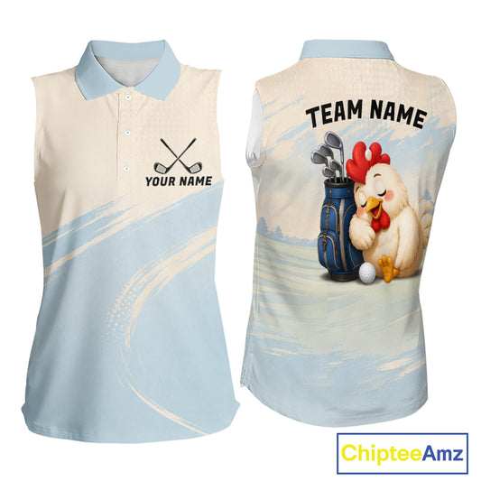 Funny Chicken Womens Sleeveless Golf Polo Shirt Personalized Custom Name Blue Golf Polo