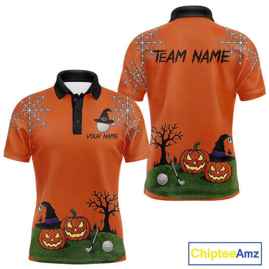 An orange short-sleeve polo shirt shown from both front and back, featuring a Halloween golf theme with jack-o'-lanterns, witch hats, spiderwebs, a bare tree, and customizable text areas on the chest and back. A 'ChipteeAmz' logo is visible in the bottom right corner.