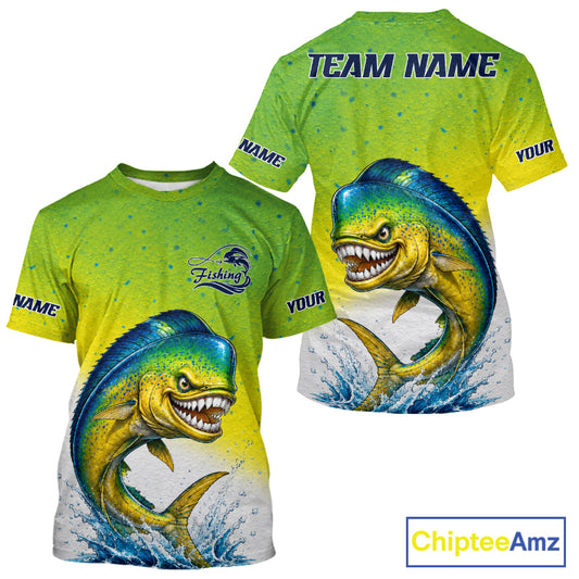 Customizable short-sleeve crewneck t-shirt shown from both front and back views. The shirt features a vibrant lime green and yellow gradient with a large, detailed graphic of a jumping mahi-mahi fish on the front and back.