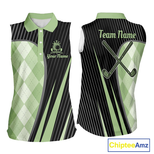 Womens Sleeveless Golf Polo Shirt Green Black Argyle Plaid Golf Pattern Custom, Womens Shirt Golf Tops NHT667