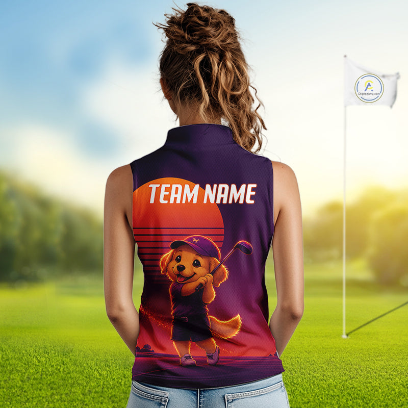 Personalized Golden Retriever Dog Golf Shirt - Retro Sunset Womens Sleeveless Golf Polo Shirt