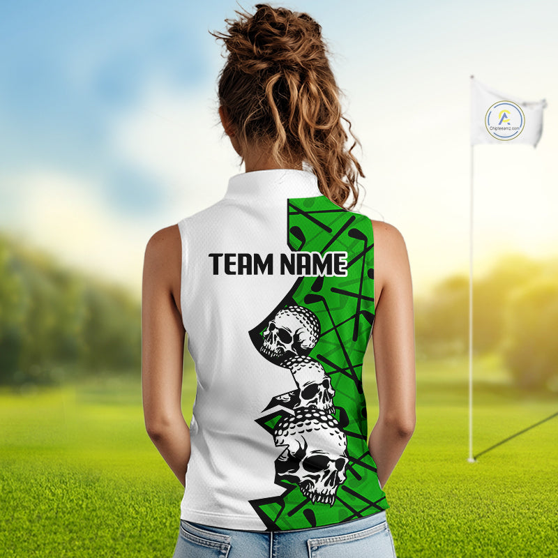 Custom Skull Womens Sleeveless Golf Polo Shirt Personalized Name, Golf Team Polo Jersey| Green