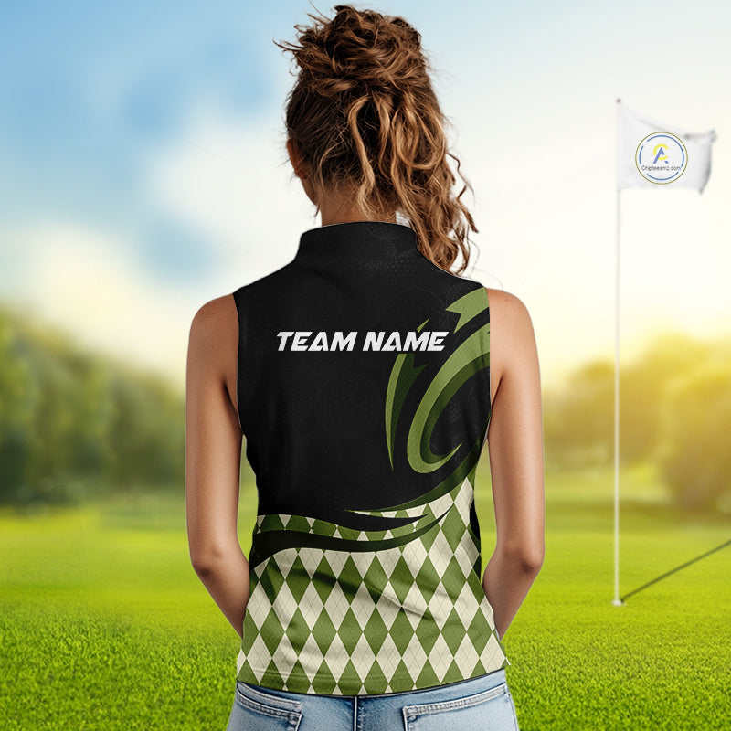 Personalized Womens Sleeveless Golf Polo Shirt Custom Name, Black Green Argyle Golf Team Polo