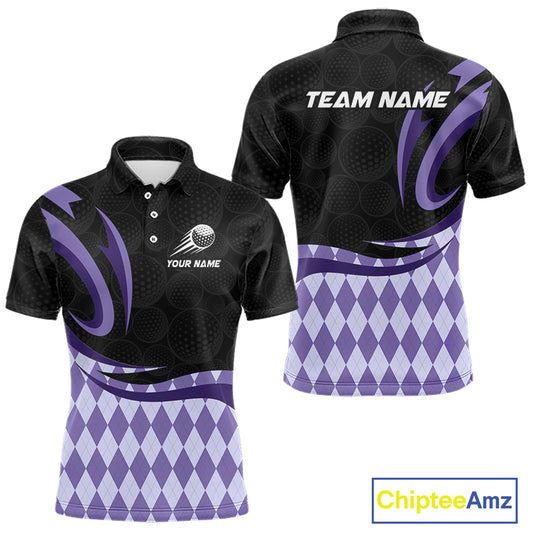 Personalized Mens Golf Polo Shirt Custom Name, Black Purple Argyle Golf Team Polo
