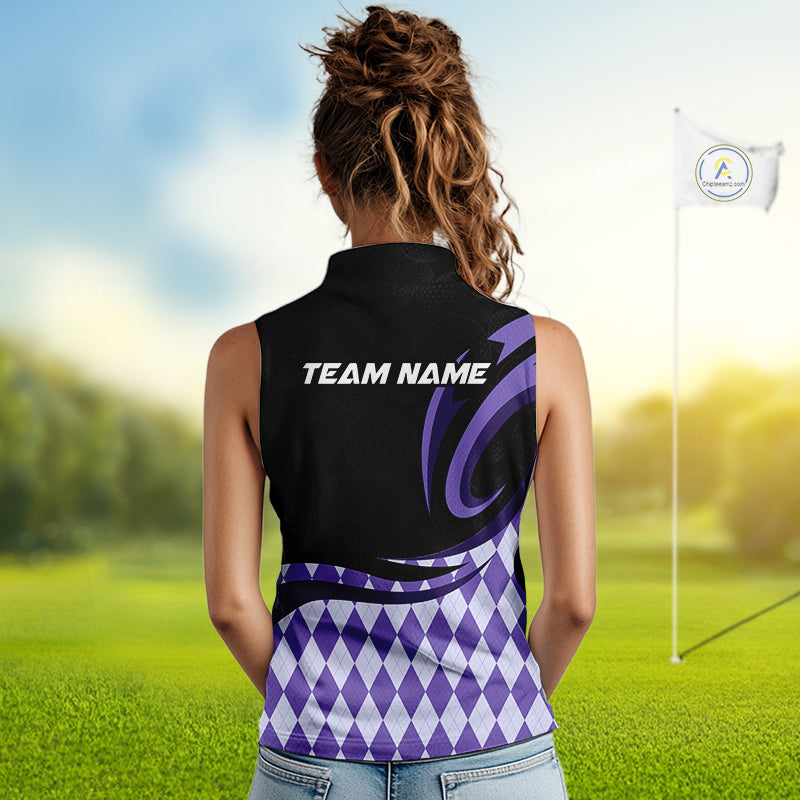 Personalized Womens Sleeveless Golf Polo Shirt Custom Name, Black Purple Argyle Golf Team Polo