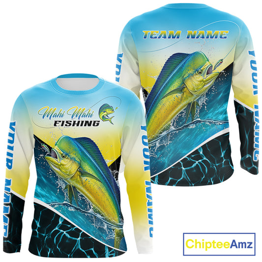 A long-sleeve crewneck fishing shirt with a vibrant Mahi Mahi fish graphic on the front, a blue-to-yellow gradient background, and 'Mahi Mahi FISHING' text across the chest. The sleeves feature 'YOUR NAME' branding.