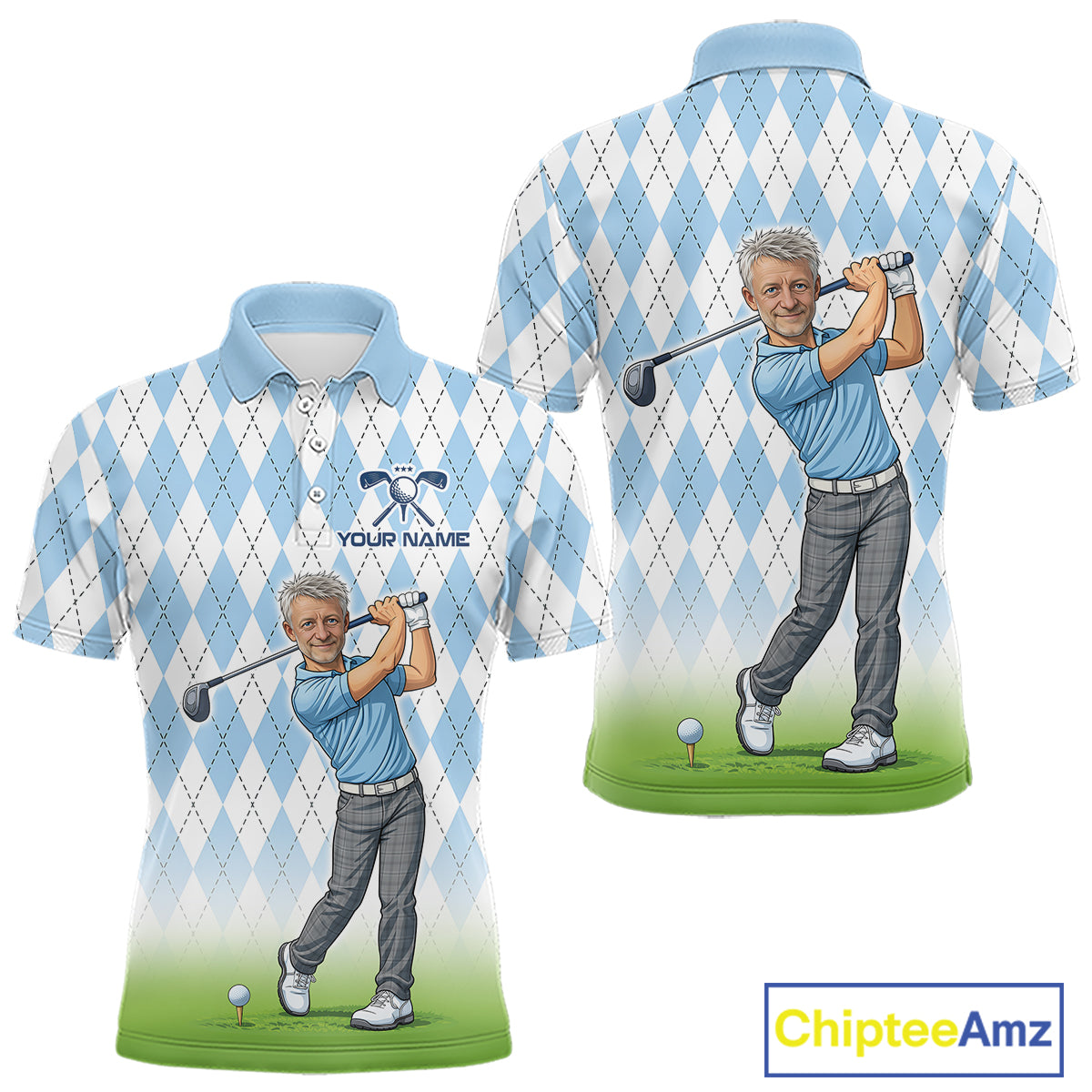 Personalized Argyle Style Funny Mens Golf Polo Shirt – Custom Face Portrait Cartoon Design NHT583